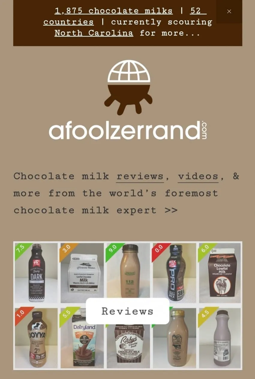 초코 우유 리뷰 사이트 배너: 52개국 1,875개 리뷰 기록