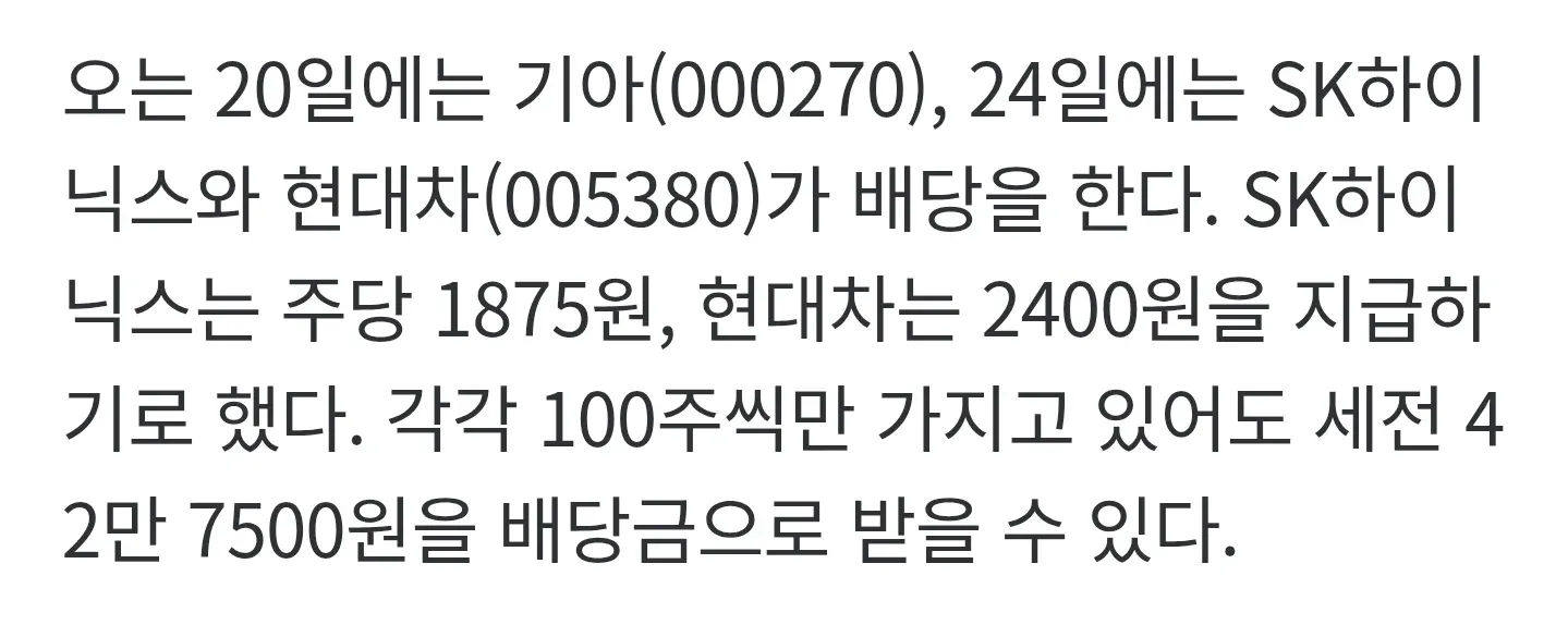 삼성전자·기아·SK하이닉스·현대차 배당 일정 및 주당 배당금 안내 텍스트