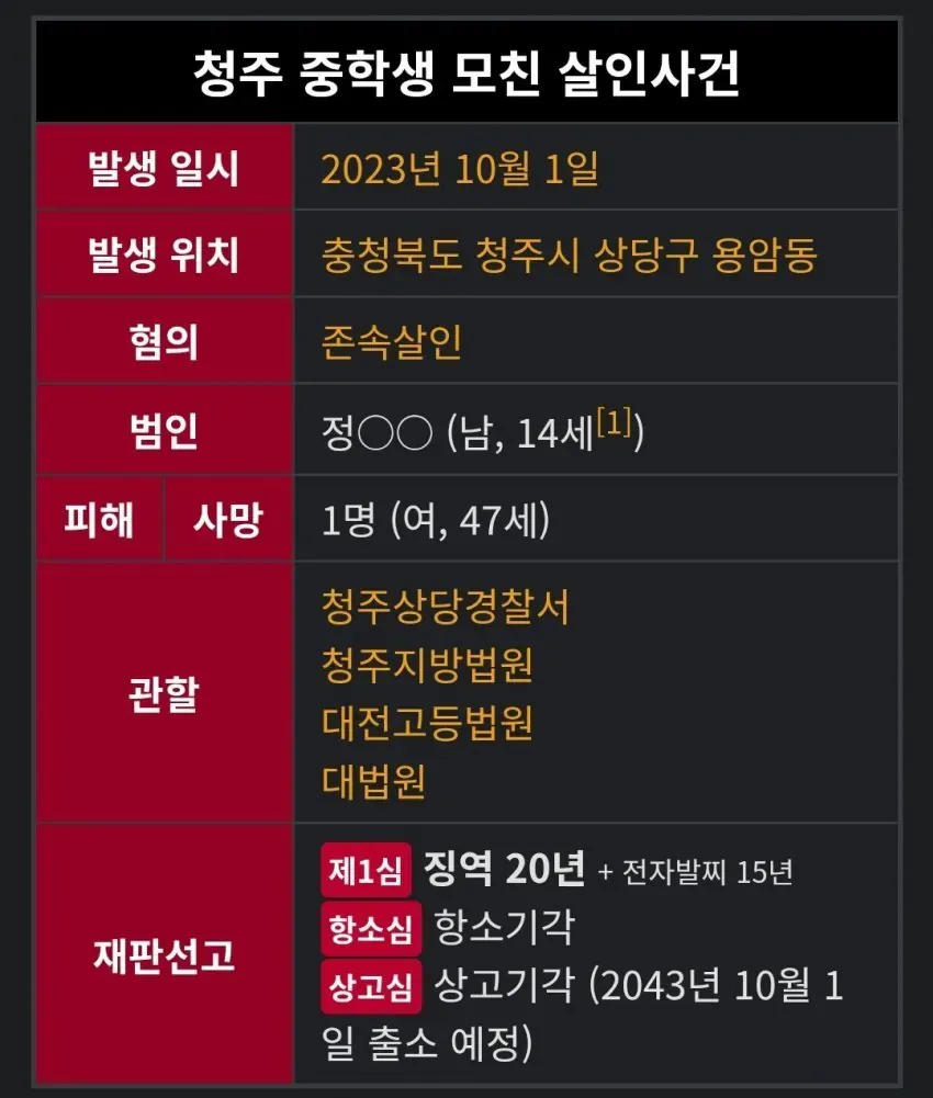 청주 중학생 모친 살인사건 개요 및 재판 결과 요약 정보 표