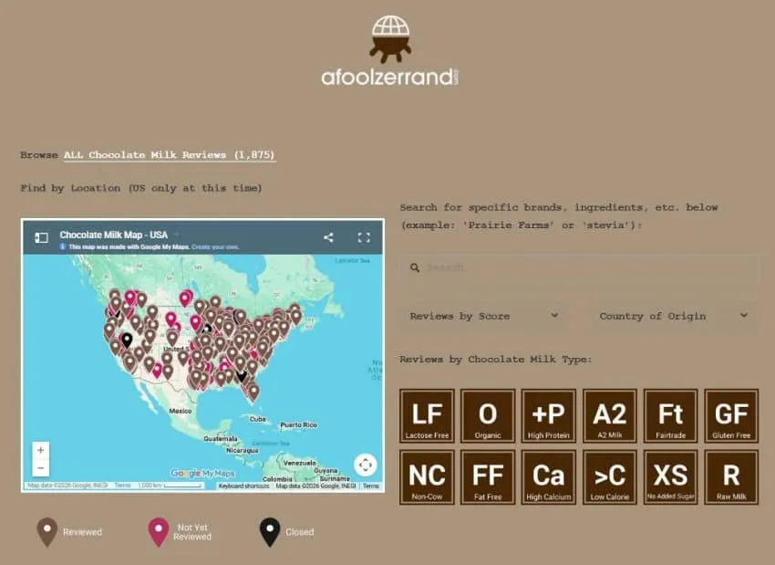 초코우유 리뷰 사이트 메인페이지, 1875개 리뷰와 카테고리 필터 목록