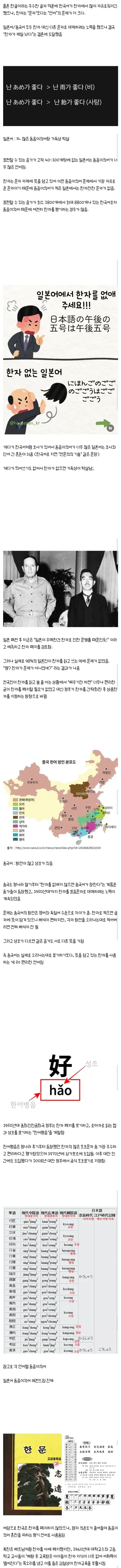 일본과 중국이 한자 폐지에 실패한 이유를 동음이의어 문제로 설명하는 한국어 인포그래픽