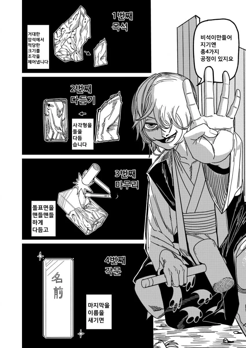 비석 제작 4단계(목석, 다듬기, 마무리, 각문)를 설명하는 만화 컷