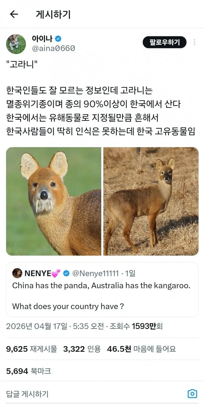 고라니 사진과 함께 한국 고유 멸종위기종 정보를 설명하는 트윗