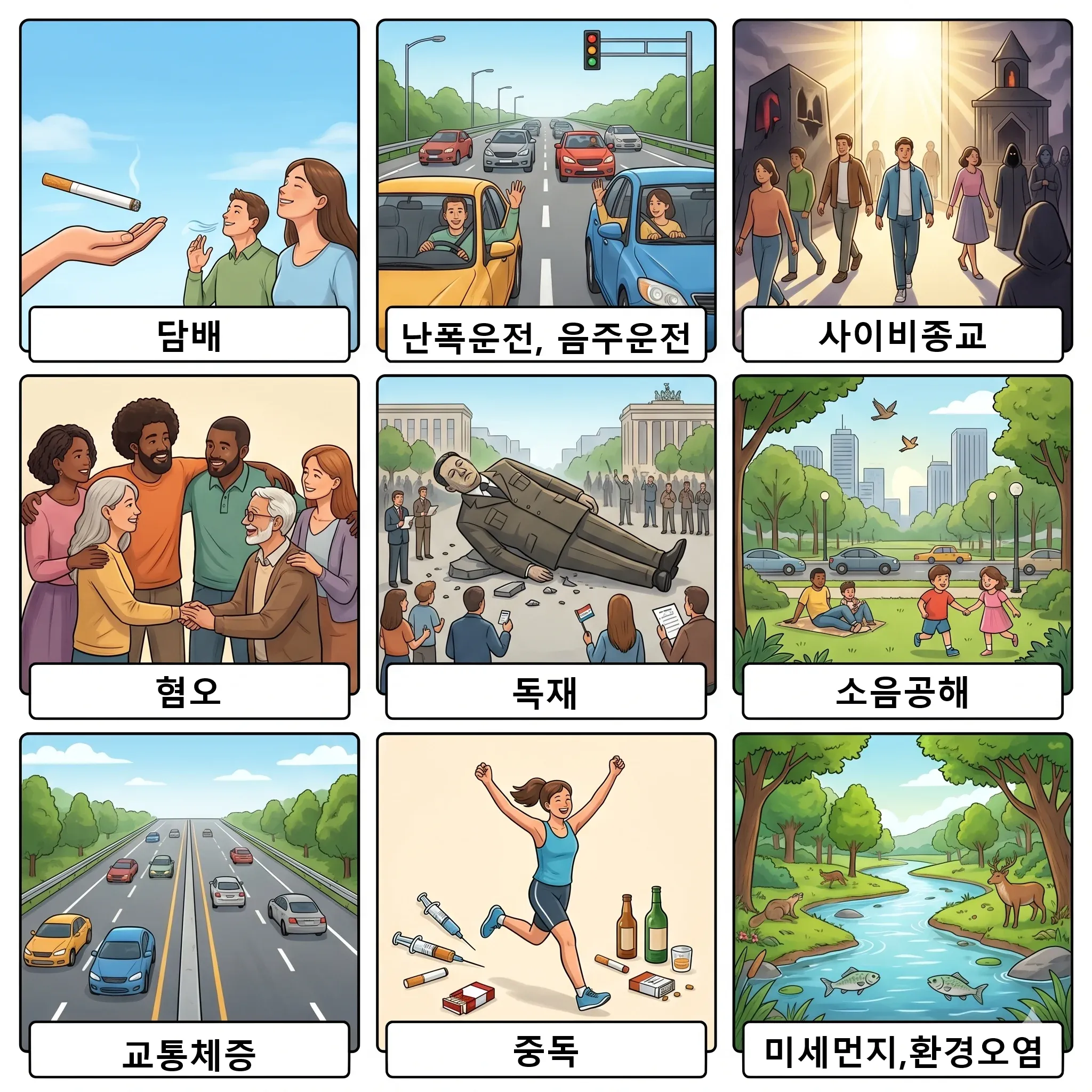 지우고 싶은 것 세 가지를 묻는 질문과 담배, 난폭운전 등 사회 문제 목록