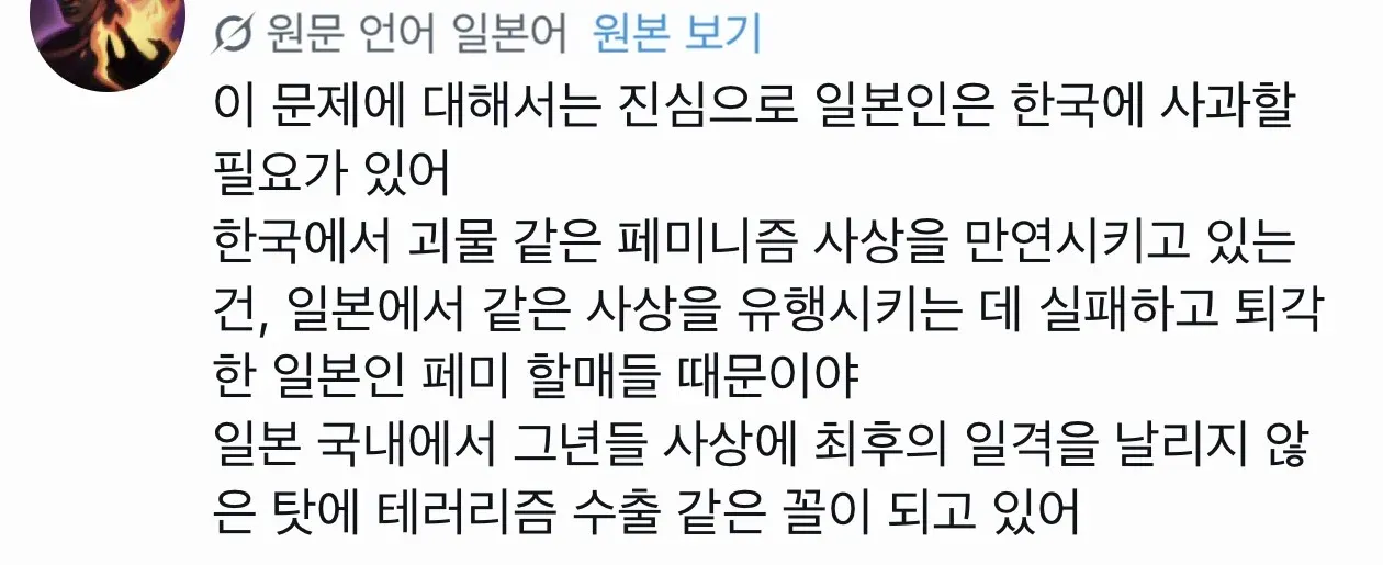 일본어 원문의 한국어 번역글로, 페미니즘 사상의 한일 간 확산에 대한 의견이 담긴 소셜미디어 게시물 캡처