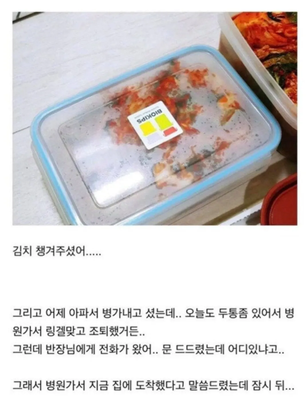김치 반찬통을 문 앞에 놓아두고 간 상사의 메시지 캡처