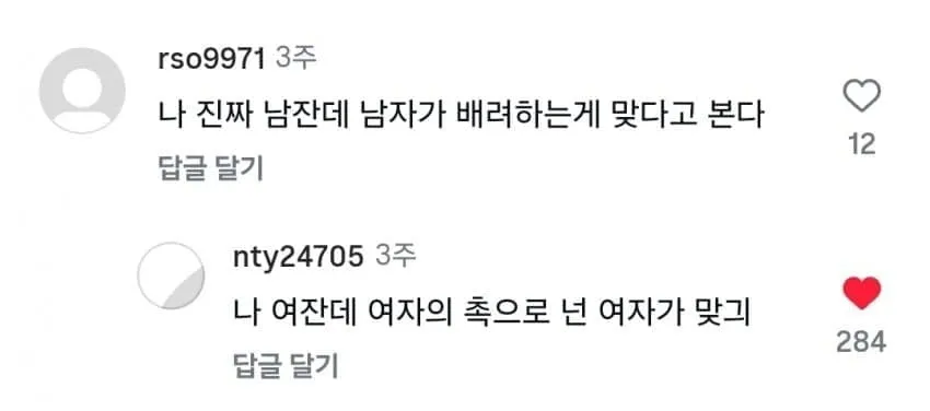 "나 남잔데" 밈에 대한 남녀 댓글 반응 스크린샷