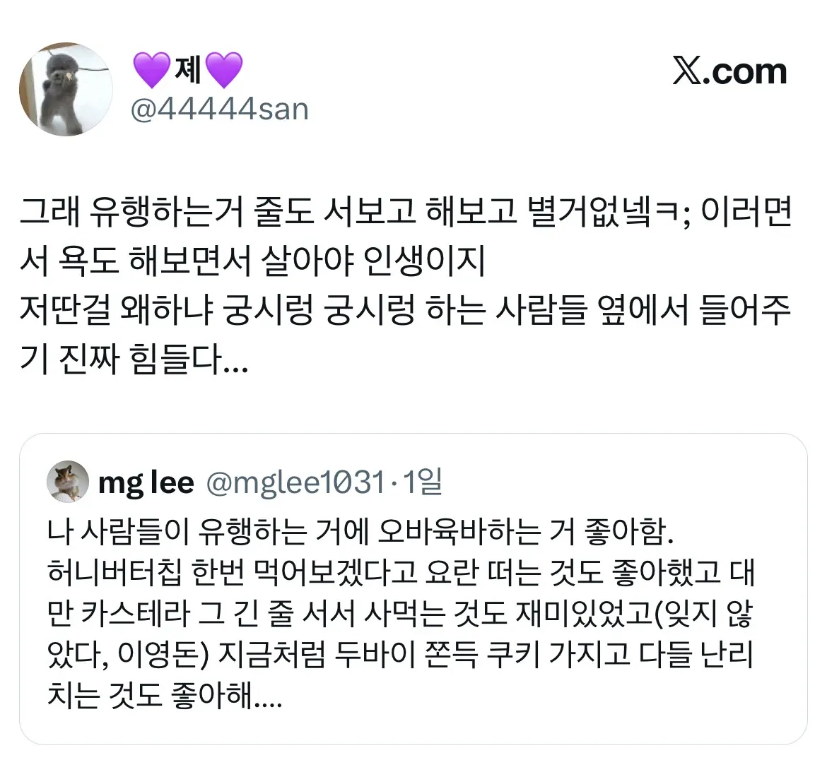 유행을 즐기자는 의견과 공감하는 트위터 글 캡처