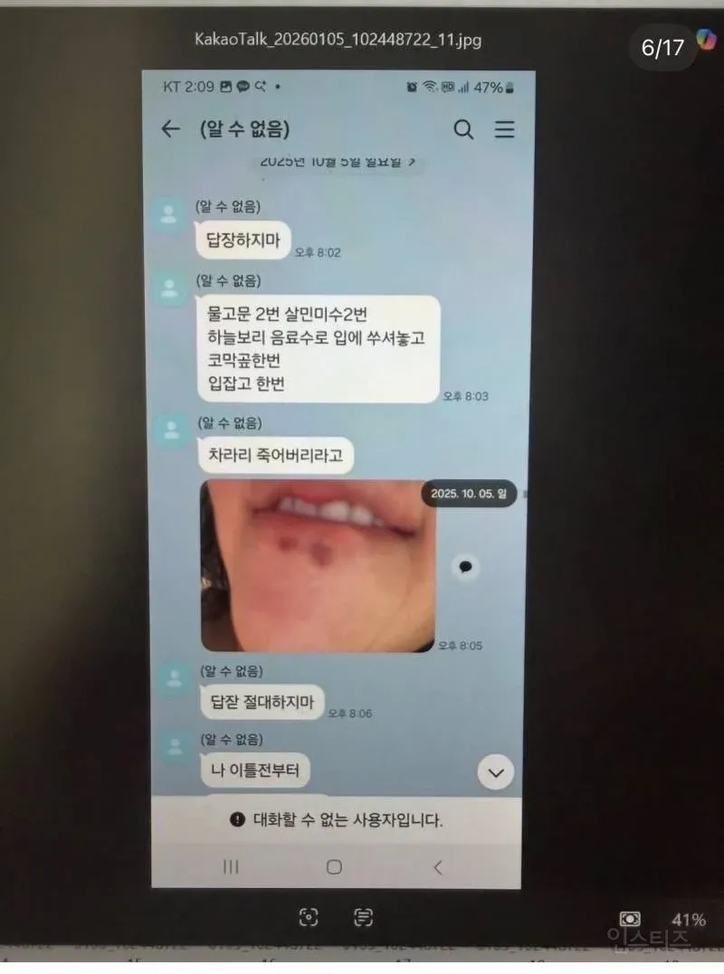 가정폭력 및 살인미수 피해를 호소하는 메신저 대화 캡처 화면