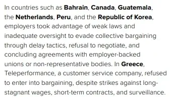 2025년 노동권 5등급 국가들의 단체교섭 회피 사례 설명 텍스트