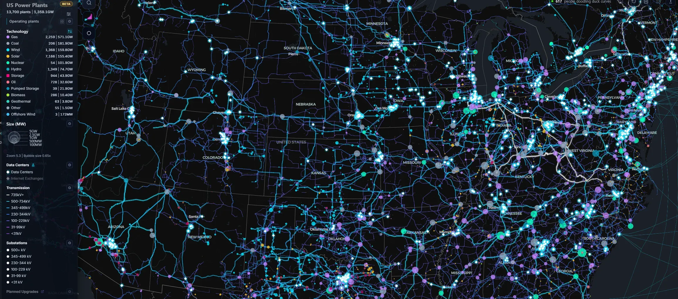 미국 전역 발전소 분포를 시각화한 지도