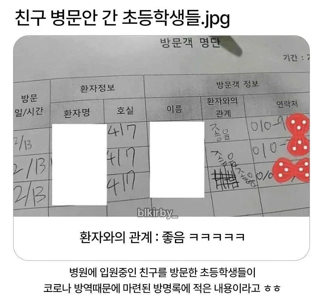 초등학생들이 친구 병문안 가서 방명록 관계란에 "좋음"이라고 적은 사진