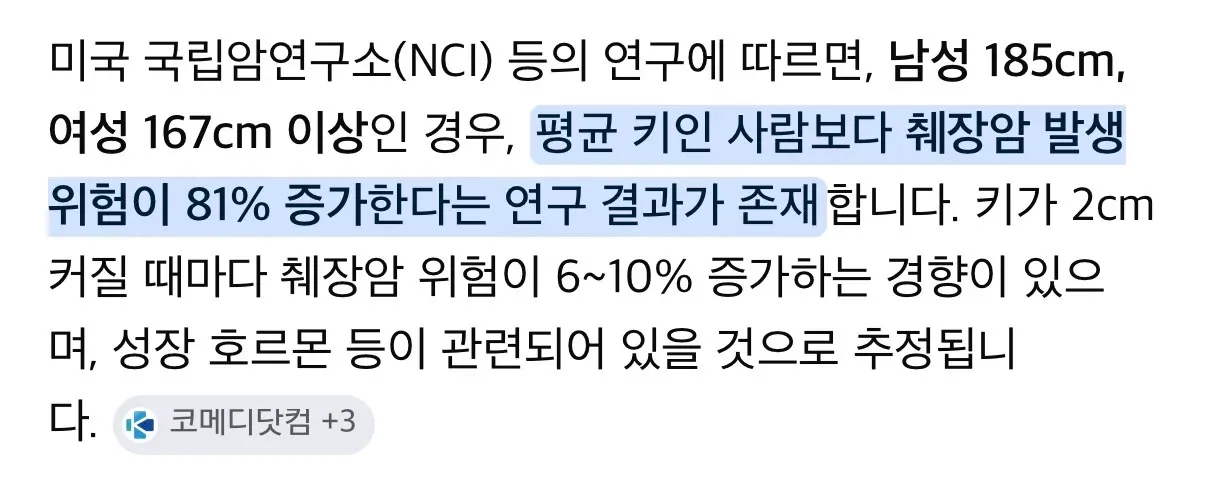 키 큰 사람의 췌장암 발생 위험 증가 연구 결과 인포그래픽