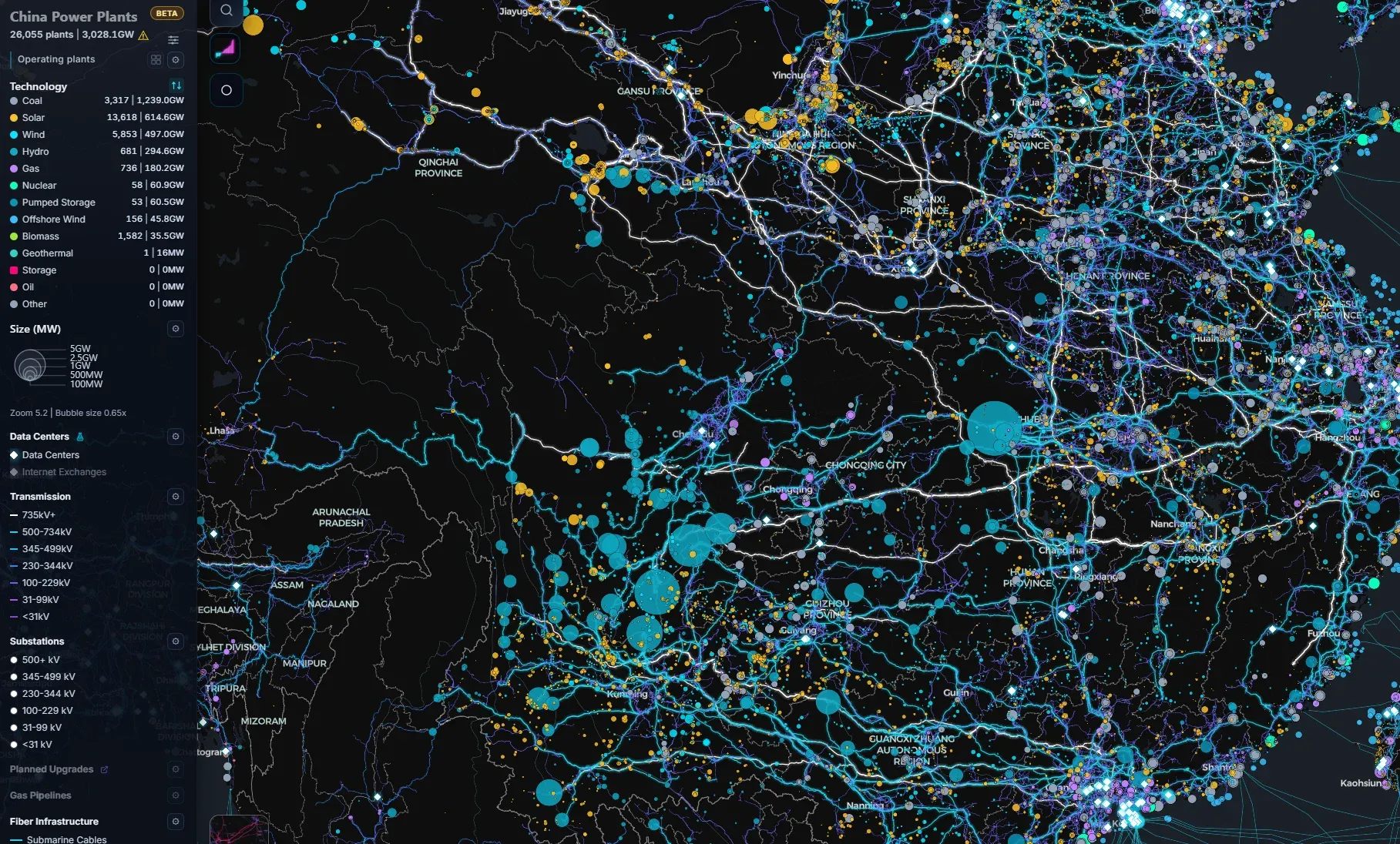중국 전력망 지도: 발전소, 송전선, 데이터센터 분포 현황