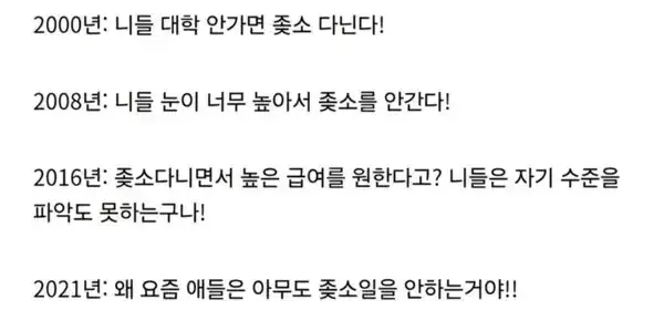 연도별 중소기업에 대한 기성세대 발언 변화 풍자 이미지