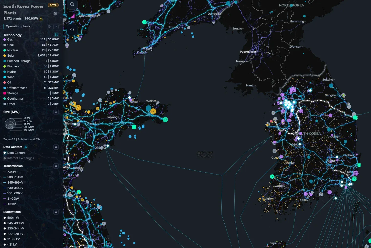 한국 발전소·데이터센터·송전망 분포 지도