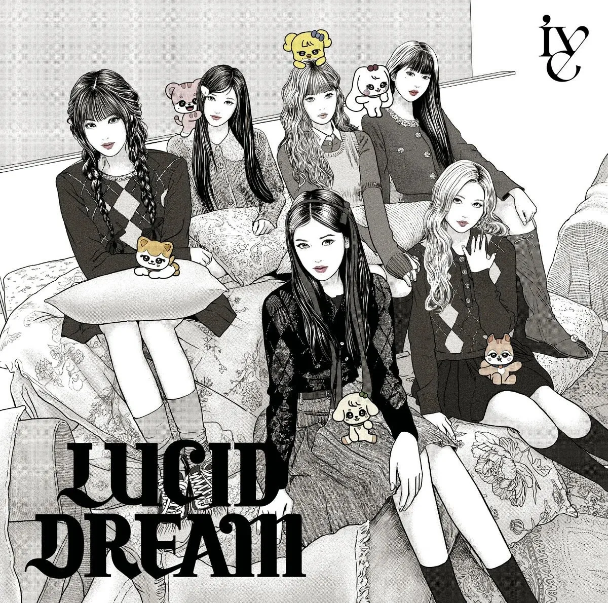 IVE members in Junji Ito horror manga style for LUCID DREAM