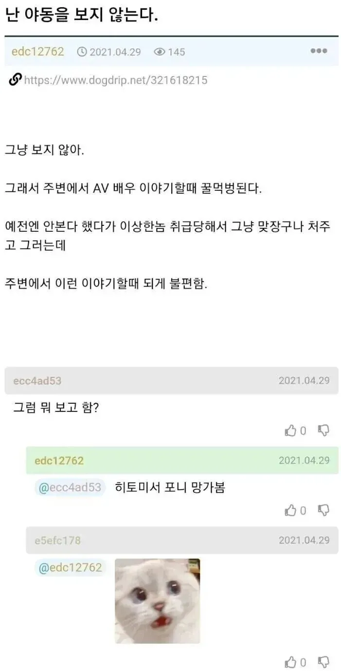 야동 안 본다는 주장과 포니 망가 시청 고백 게시글