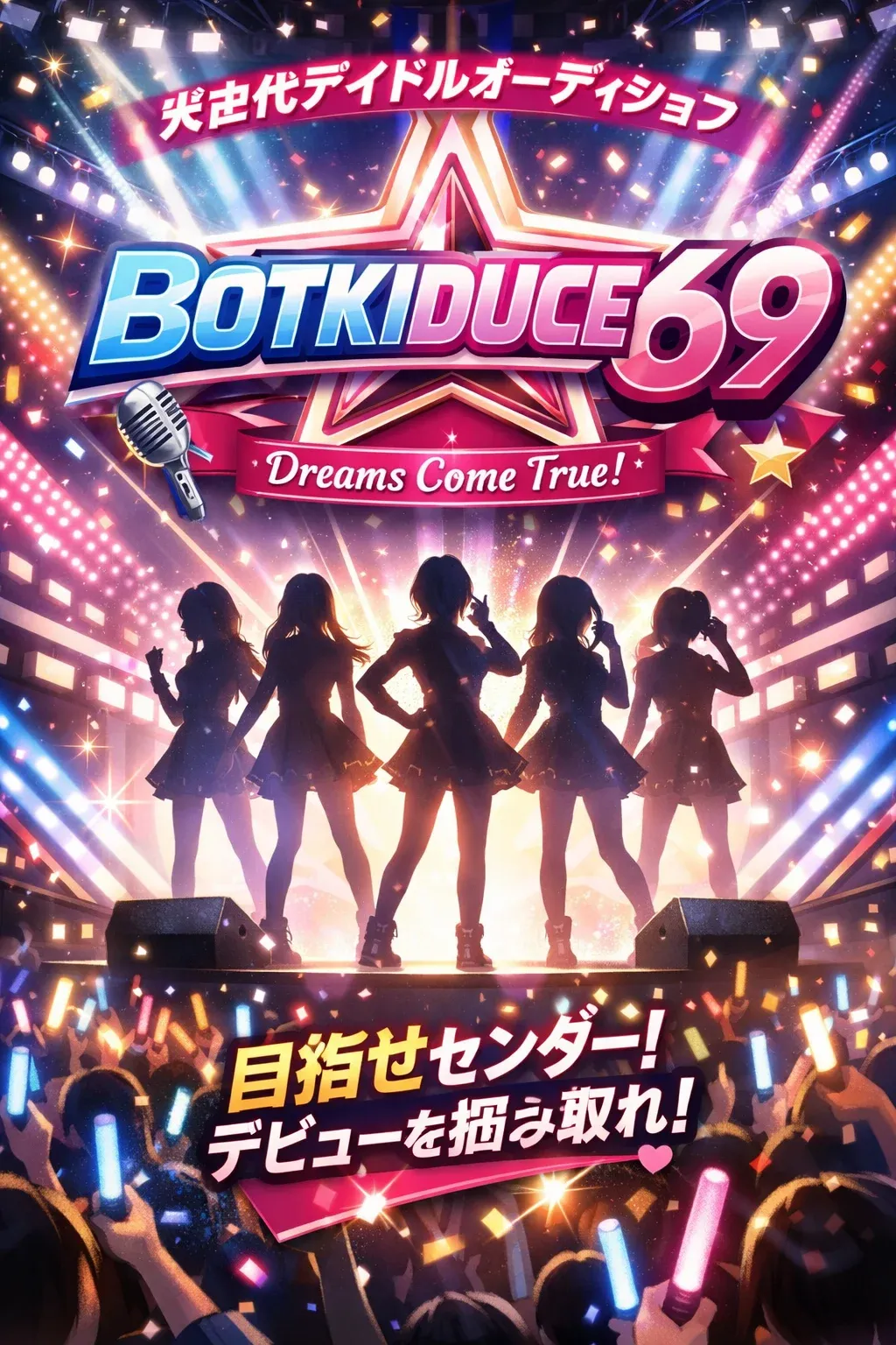 차세대 아이돌 오디션 BOTKIDUCE69 홍보 포스터, "Dreams Come True! 목표는 센터! 데뷔를 쟁취하라!"