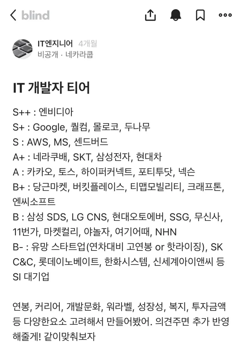 IT 개발자 직장 티어표: S++부터 B-까지 기업 순위 분류