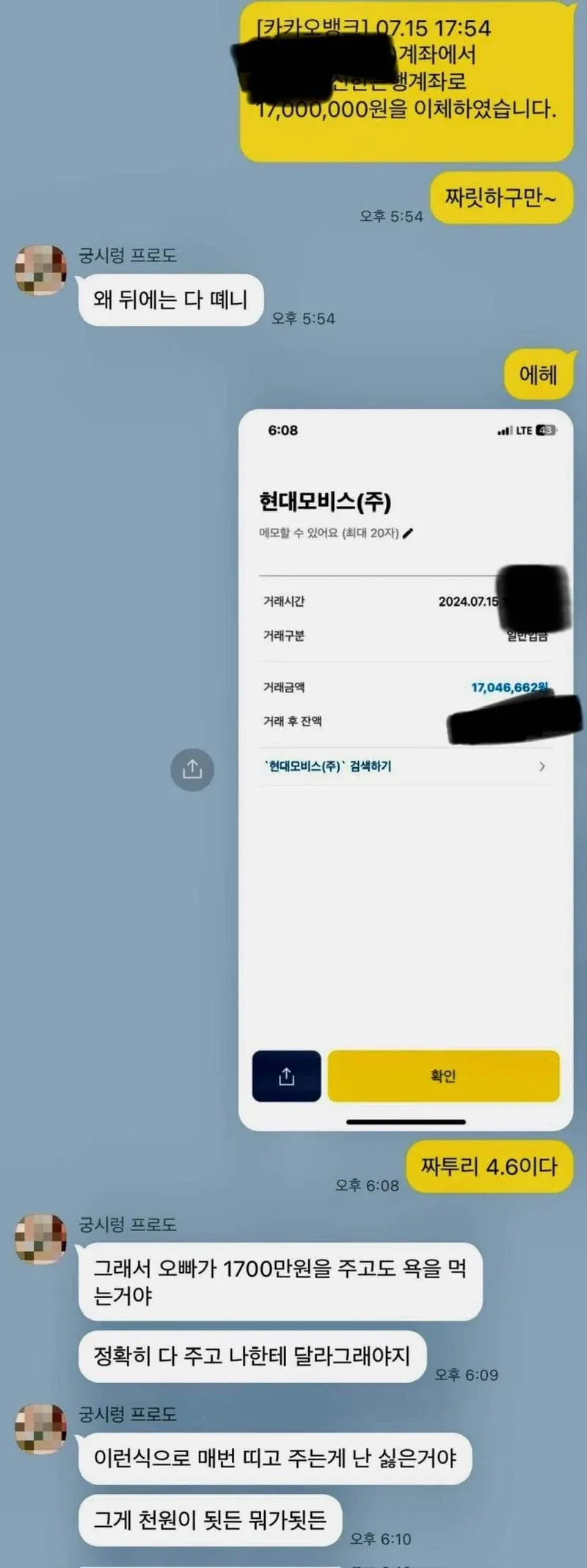 카카오뱅크 1700만원 현대모비스 이체 알림과 금액 관련 카톡 대화