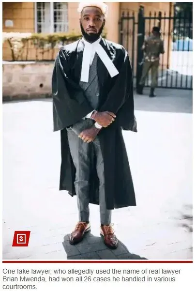 가짜 변호사가 Brian Mwenda 이름으로 26건 소송을 모두 이긴 사건을 다룬 뉴스 기사