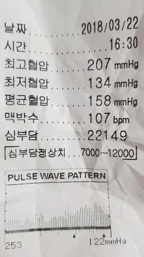 혈압 측정 결과: 최고 207, 맥박 107 bpm, 심부담 수치 표시 화면