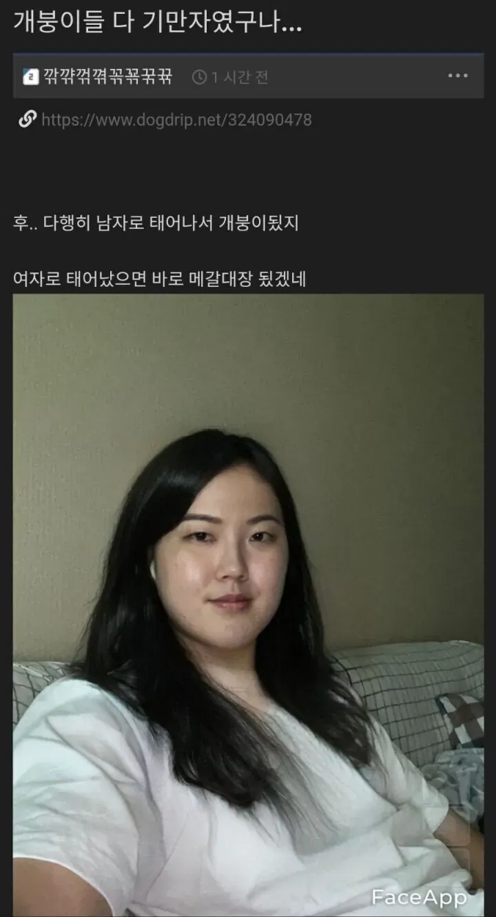 페이스앱 여성화 필터 결과를 다룬 커뮤니티 게시물