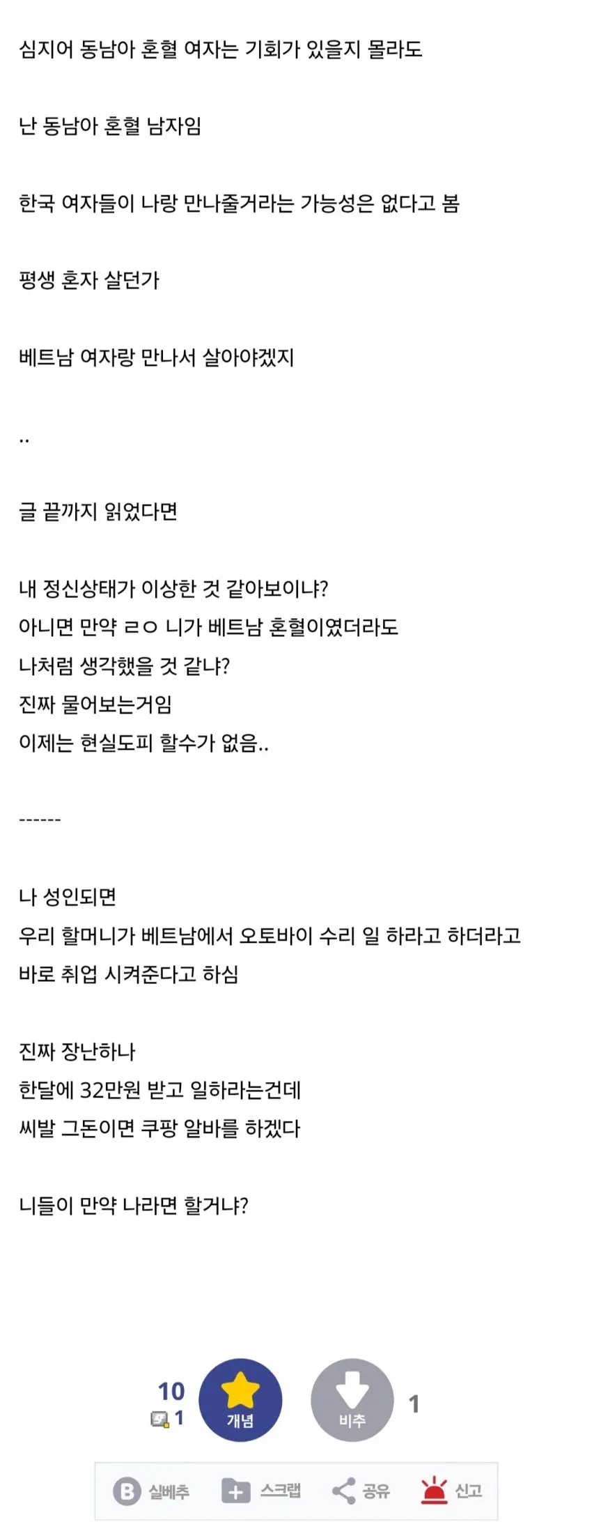 베트남 혼혈 남성의 정체성과 미래에 대한 고민을 표현한 온라인 커뮤니티 글