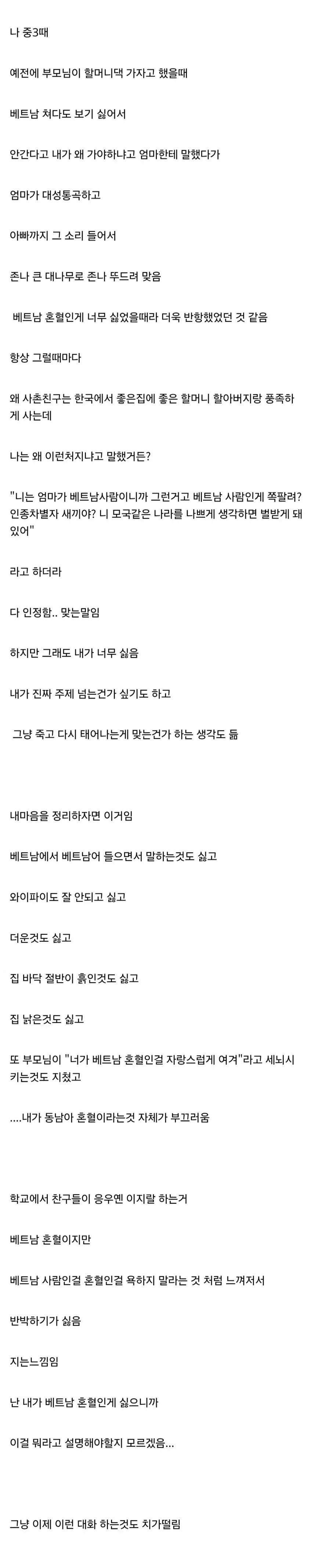 베트남 혼혈 정체성으로 인한 고통과 갈등을 담은 글
