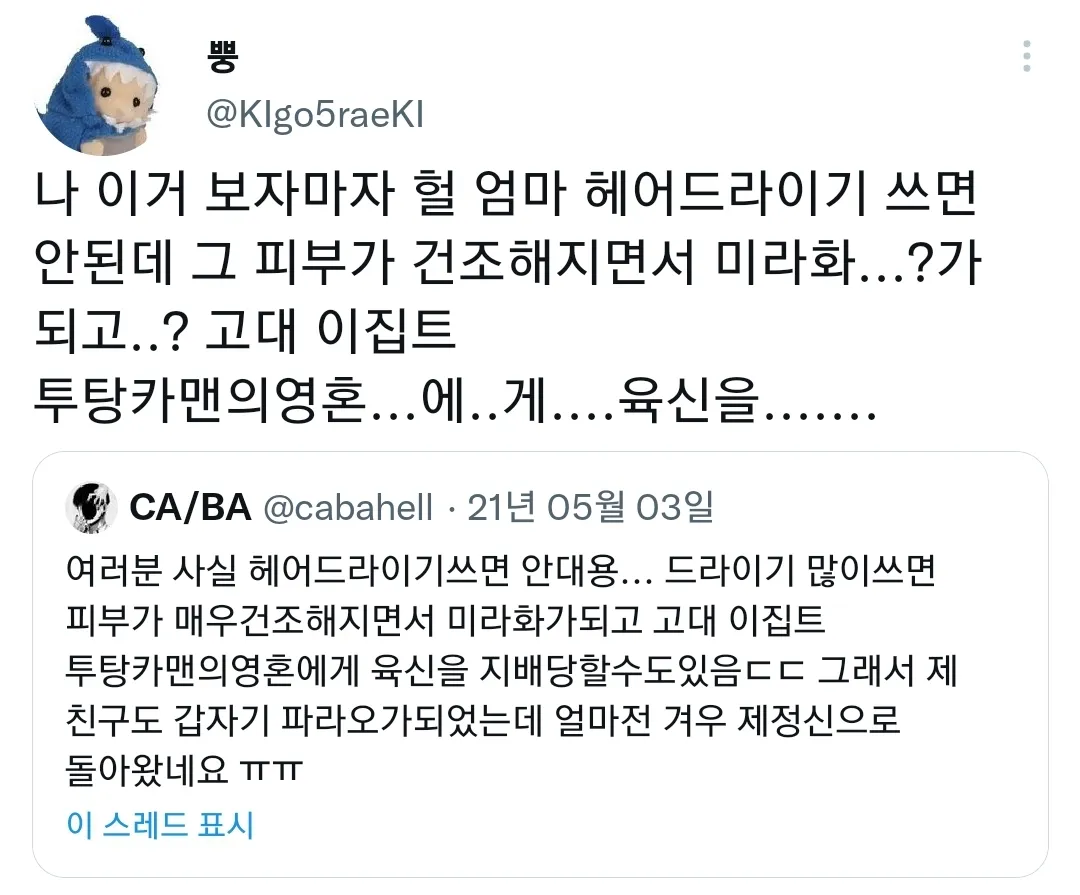 헤어드라이기 과다 사용 경고 농담 트윗