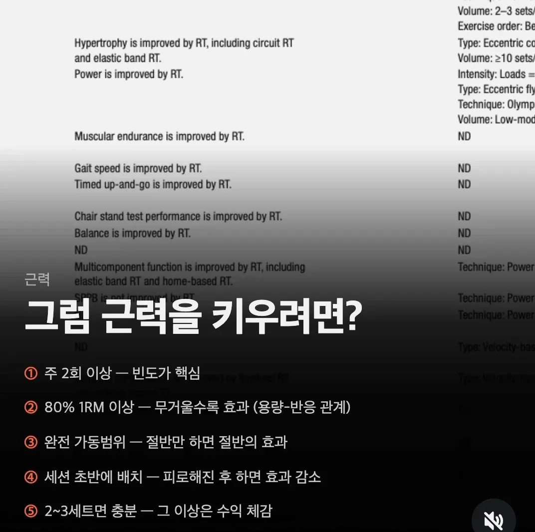 저항훈련의 효과 및 근력 향상 방법(주 2회 이상, 80% RM 이상 중량 사용)