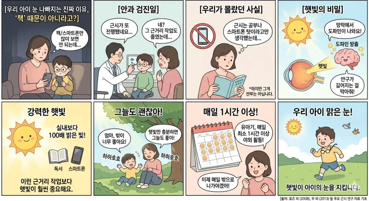 유아 근시 예방을 위한 햇빛 노출 중요성 안내 인포그래픽