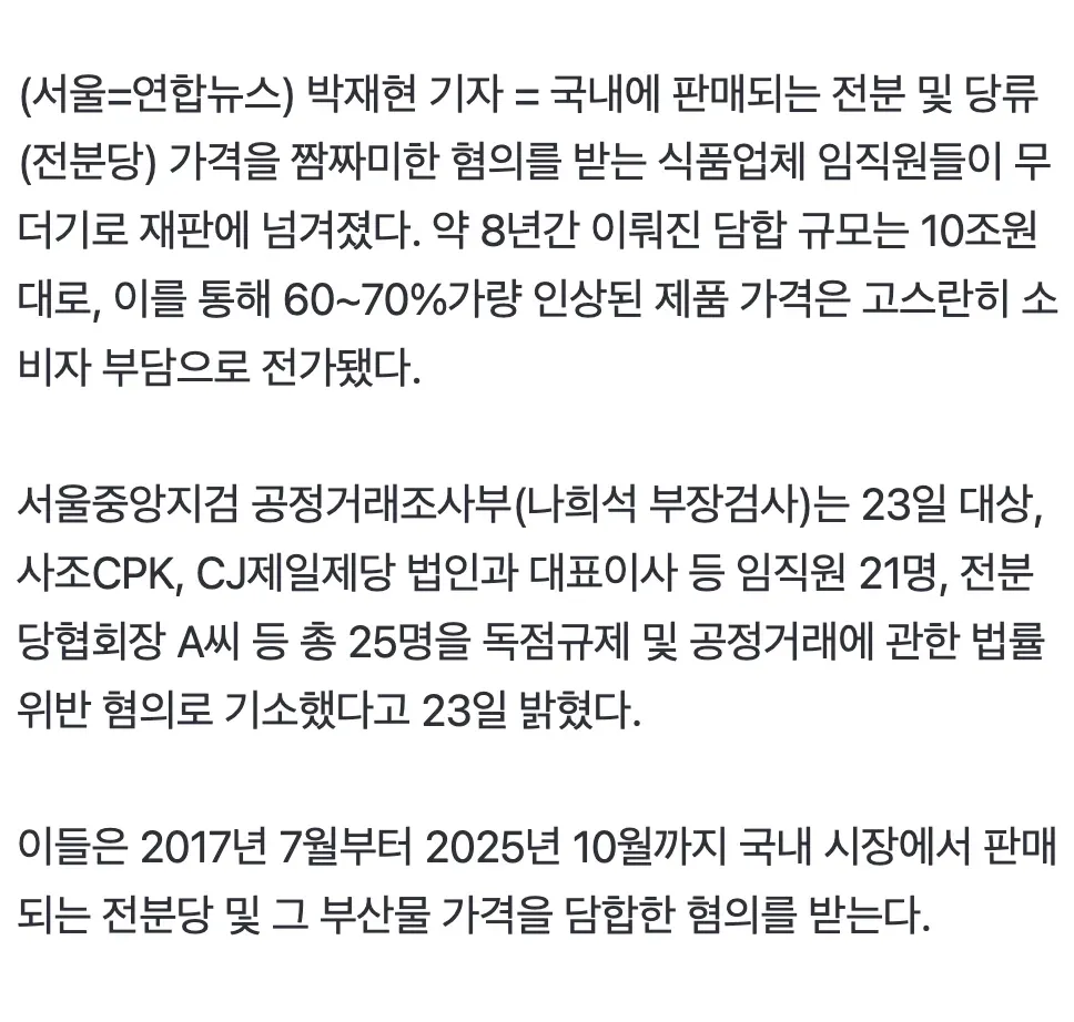 전분당 가격 담합 혐의로 대상·사조·CJ제일제당 등 25명 기소