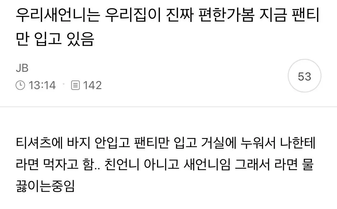 새언니가 집에서 편해서 팬티만 입고 있는 상황을 설명하는 유머글