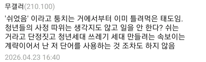 쉬었음 통계에 대한 디시인 비판 댓글