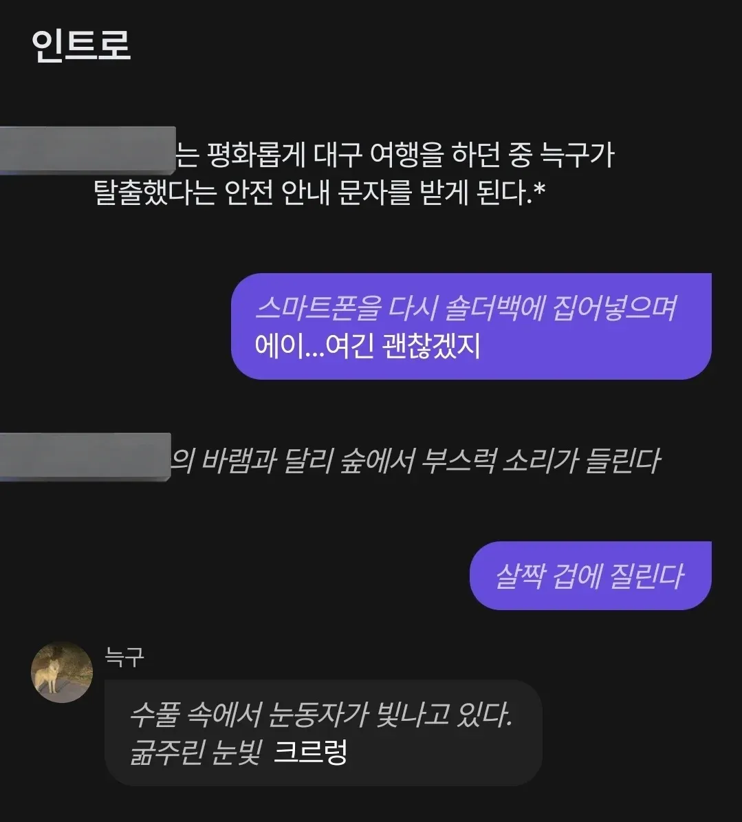 탈출한 호랑이 늑구가 어두운 숲 속에서 빛나는 눈으로 나타나는 장면