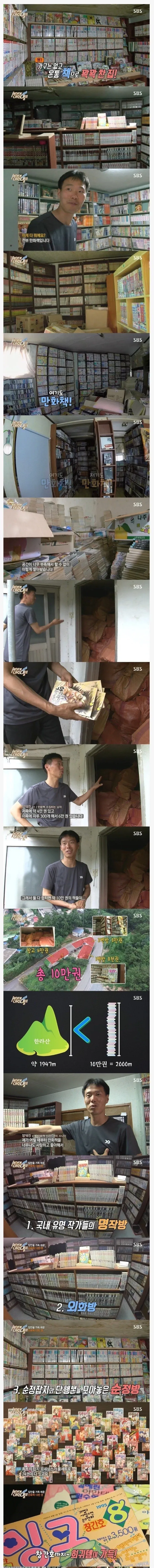 만화책 10만 권을 수집한 남성이 SBS 방송에서 소장 만화책을 소개하는 모습