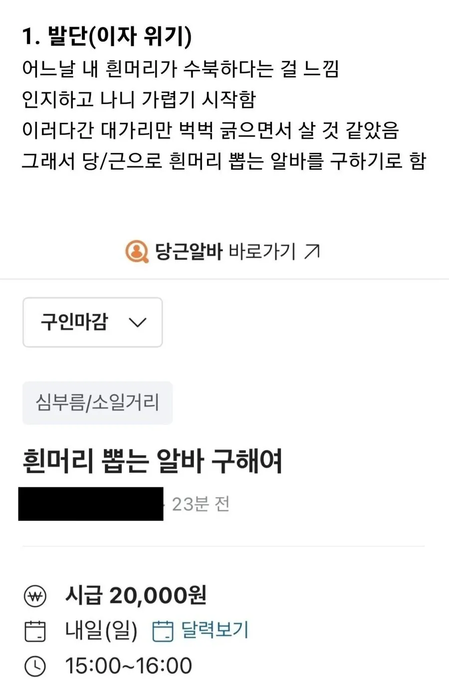 흰머리 뽑는 알바 시급 2만원 당근 구인글 캡처