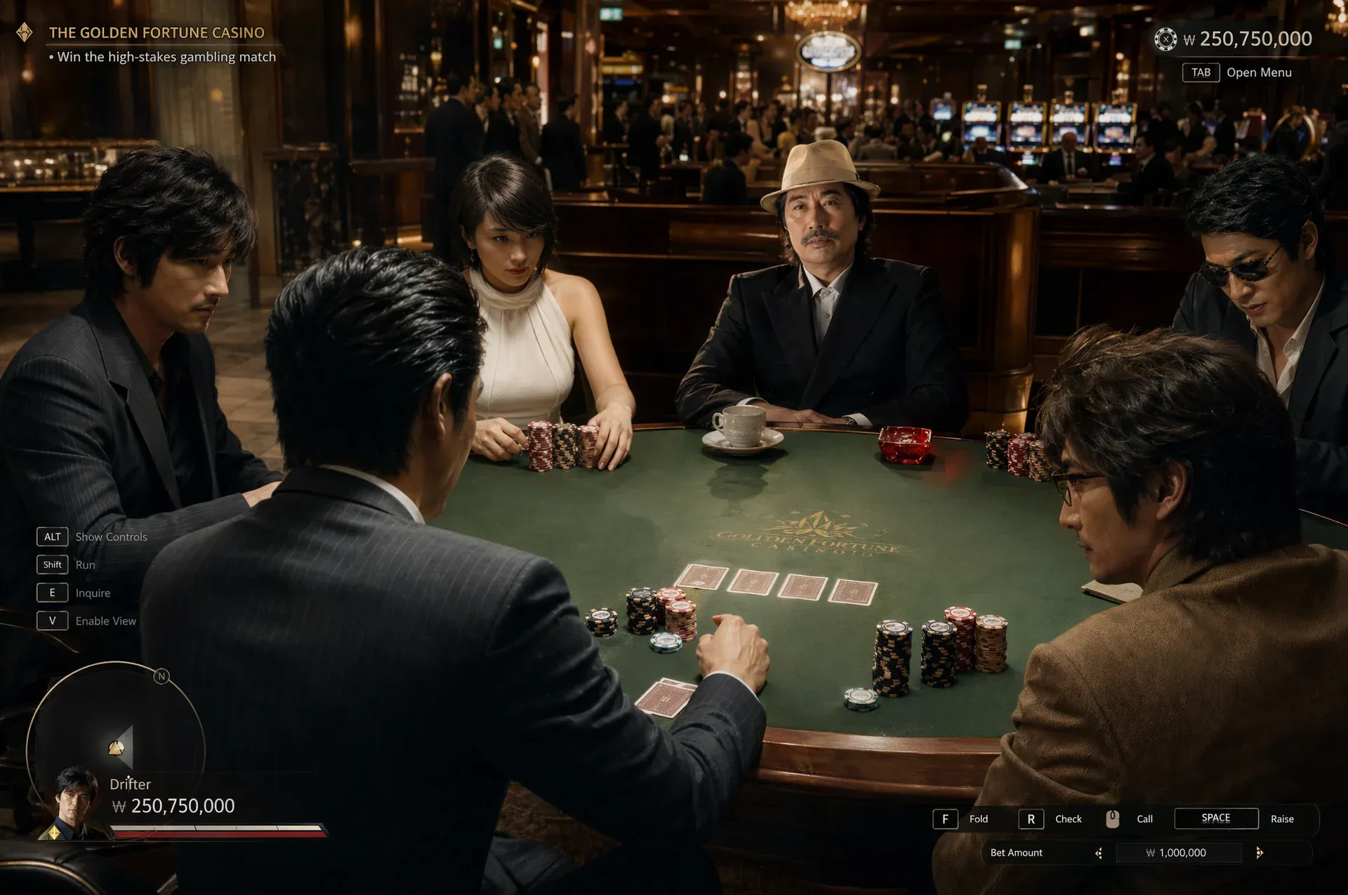 타짜 게임 베팅 화면, 베팅액 1,000,000원 표시