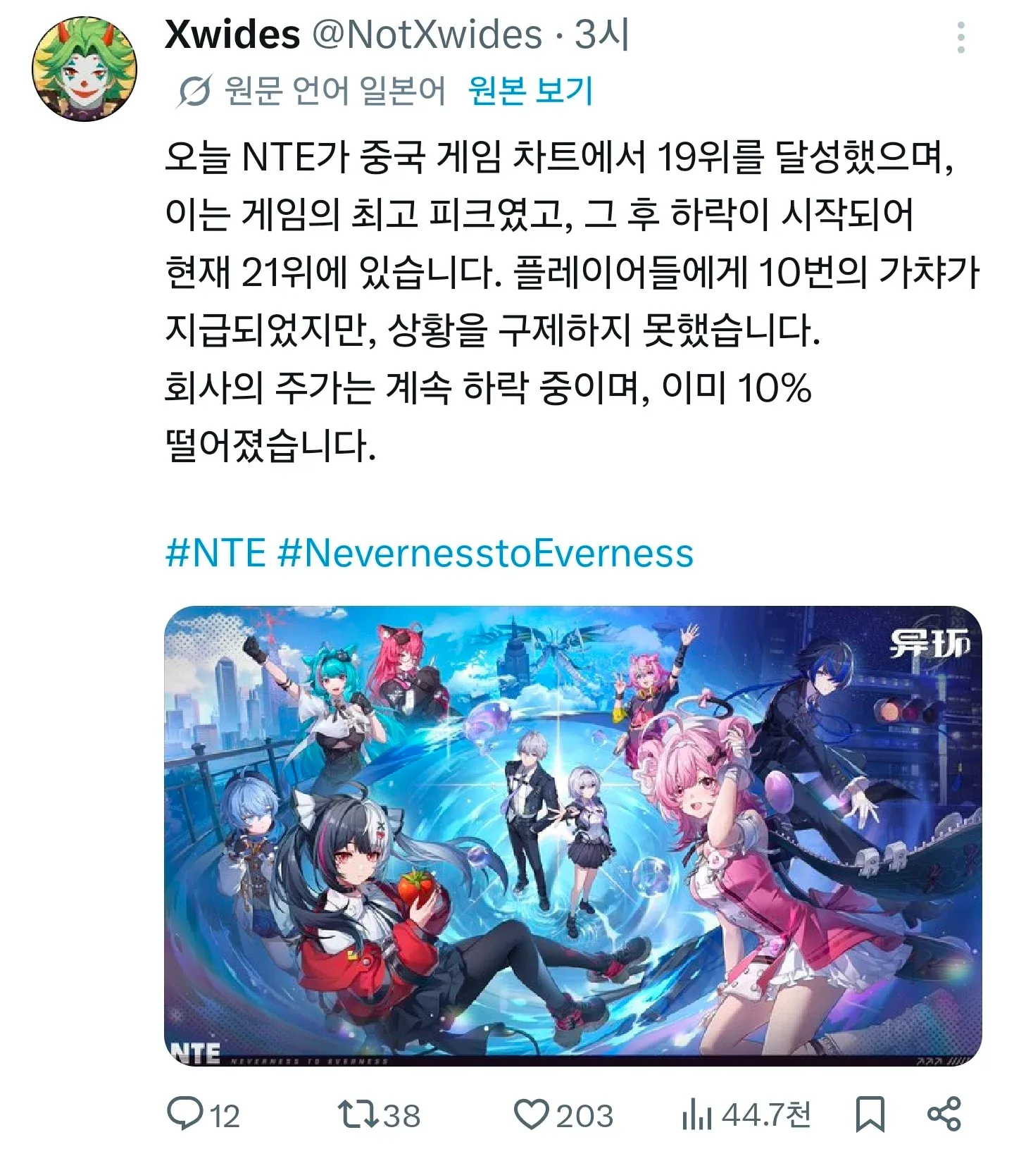 NTE 중국 게임 차트 19위 후 하락, 주가 10% 급락 소식