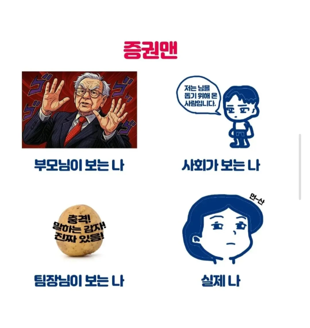 증권맨의 다양한 시선을 보여주는 4컷 밈 이미지