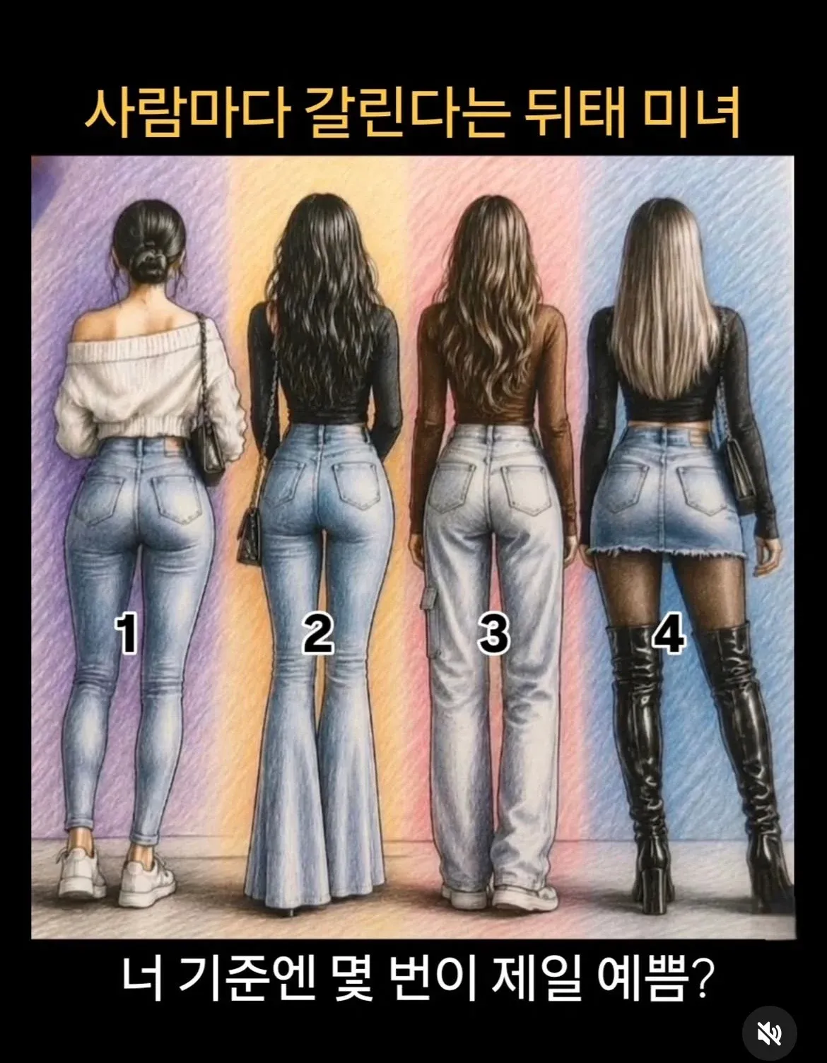 네 명의 여성 뒤태 비교 사진, 1~4번 중 선호도 투표