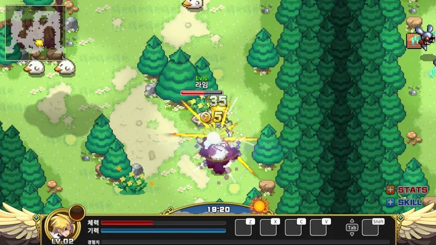 액션 RPG 제노니아 1 게임 플레이 화면, 캐릭터 라임의 체력·기력·경험치 UI 표시