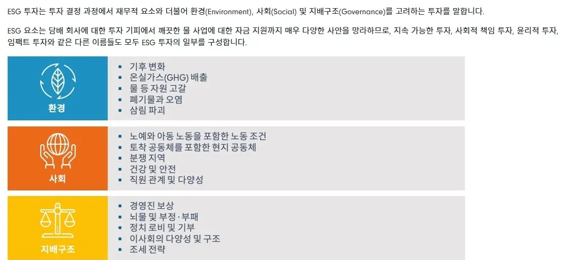 ESG 투자의 환경, 사회, 지배구조 요소 설명 인포그래픽