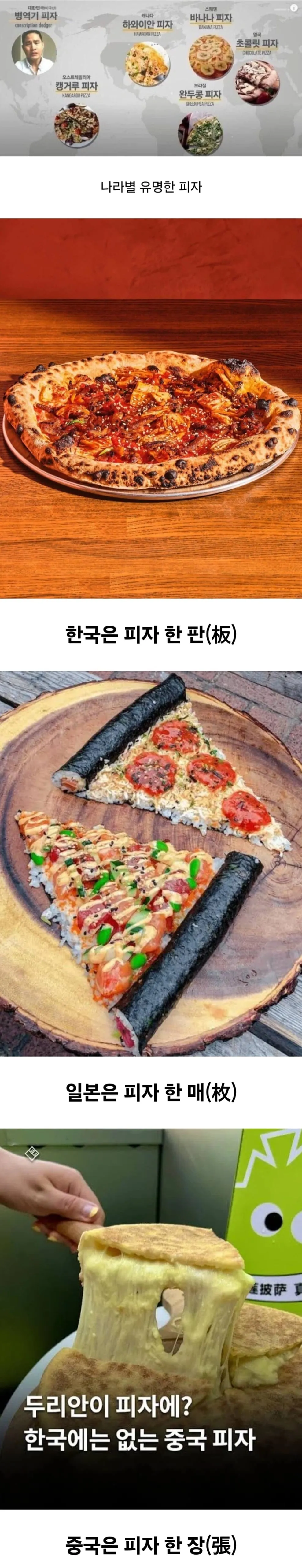 한중일 피자 세는 단위 비교: 한국 판, 일본 매, 중국 장