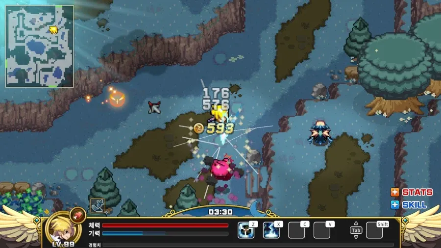 제노니아 1 게임 화면, 체력 176, 기력 576, 경험치 593, 시간 03:30, 레벨 99 표시