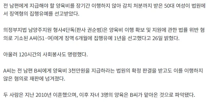 양육비 미이행으로 징역형 집행유예 판결받은 50대 여성