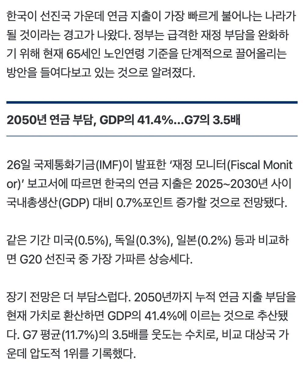 IMF 재정모니터: 한국 연금 지출 2050년까지 GDP 41.4%에 도달 전망