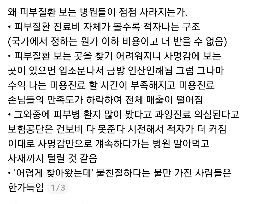 보험진료 적자 구조로 인한 피부과 폐업 이유 설명